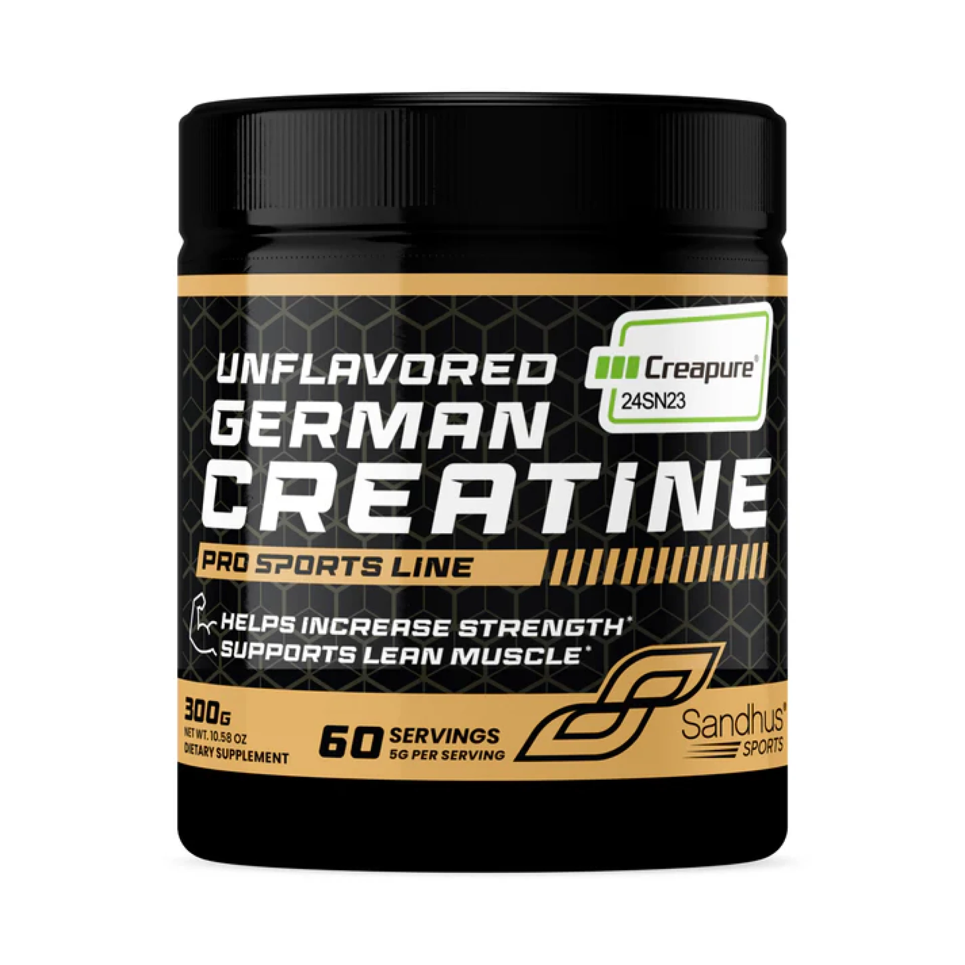 Black container of unflavored German creatine supplement, 300g, 60 servings.