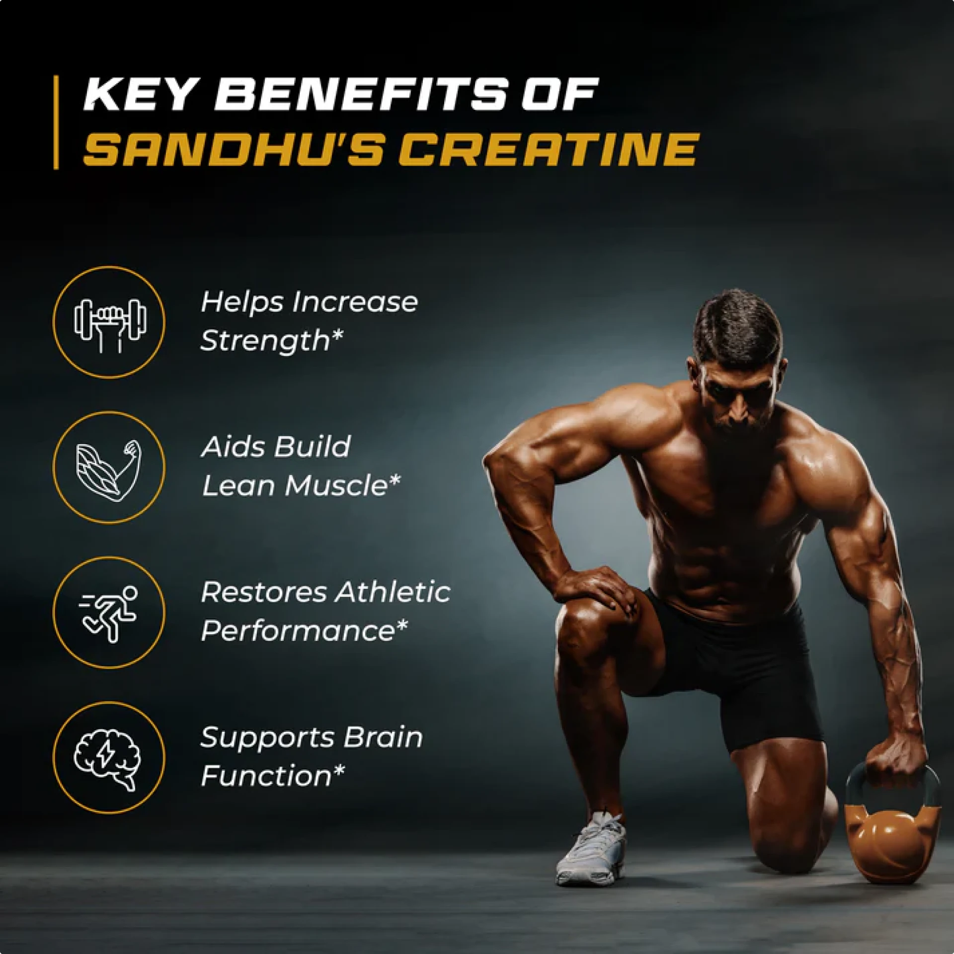 Bodybuilder kneeling with kettlebell, highlighting benefits of Sandhu's Creatine.