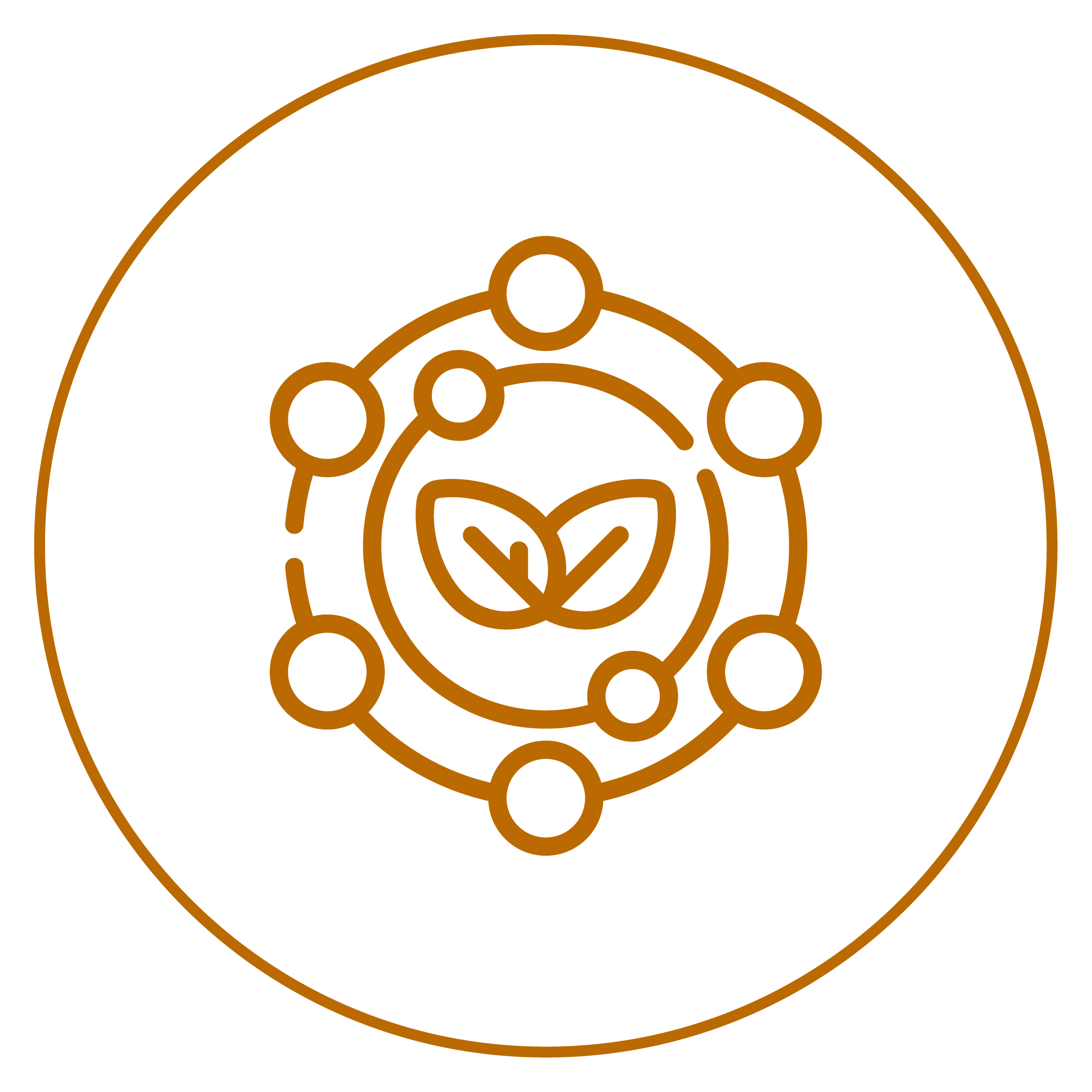 Two leaves surrounded by interconnected circles in an orange outline on a green background.
