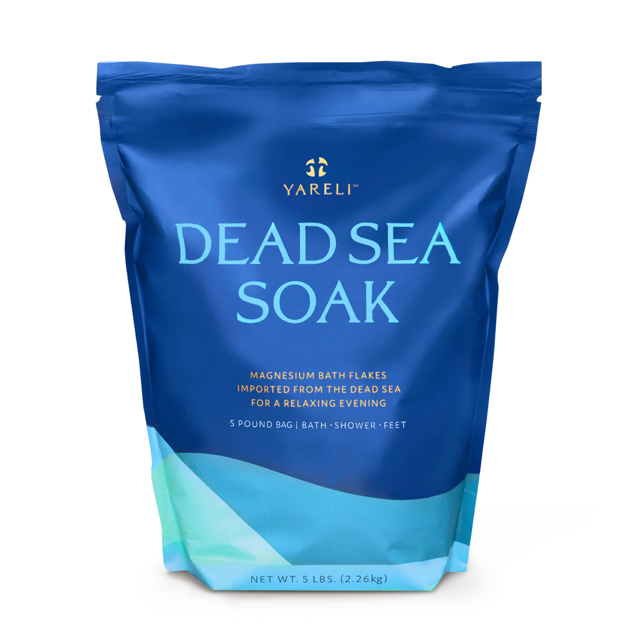 Blue bag labeled 'Dead Sea Soak' with bath flakes description.