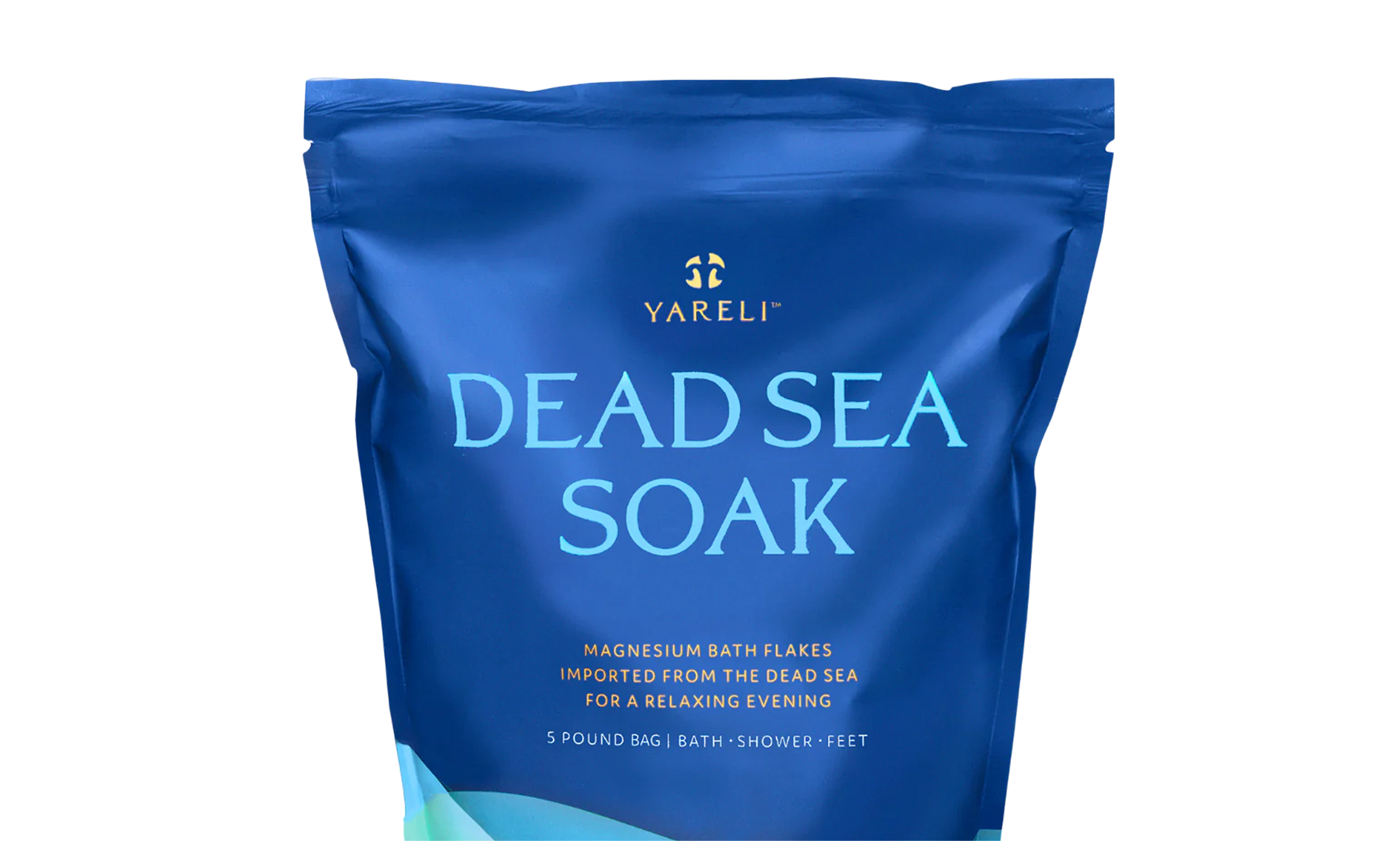 Blue package labeled 'Dead Sea Soak' with magnesium bath flakes description.