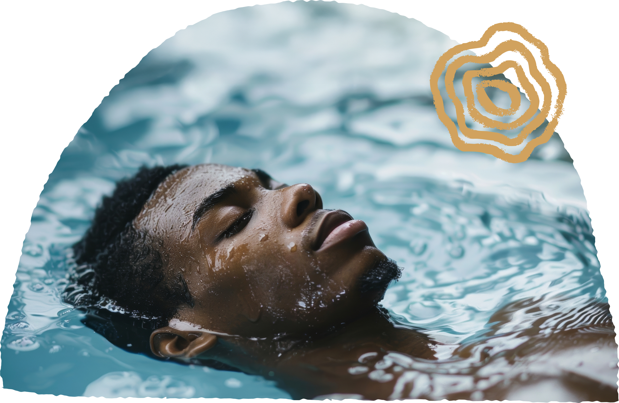 Person floating in water with eyes closed, abstract design in corner.