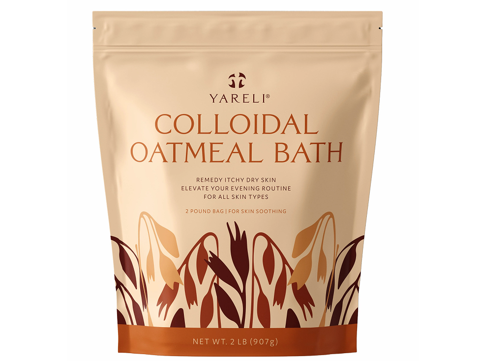Colloidal oatmeal bath product packaging with abstract plant design.