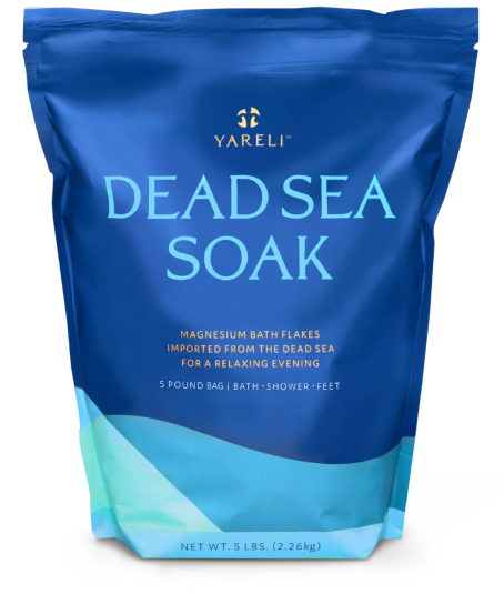 Blue package of Yareli Dead Sea Soak bath flakes.