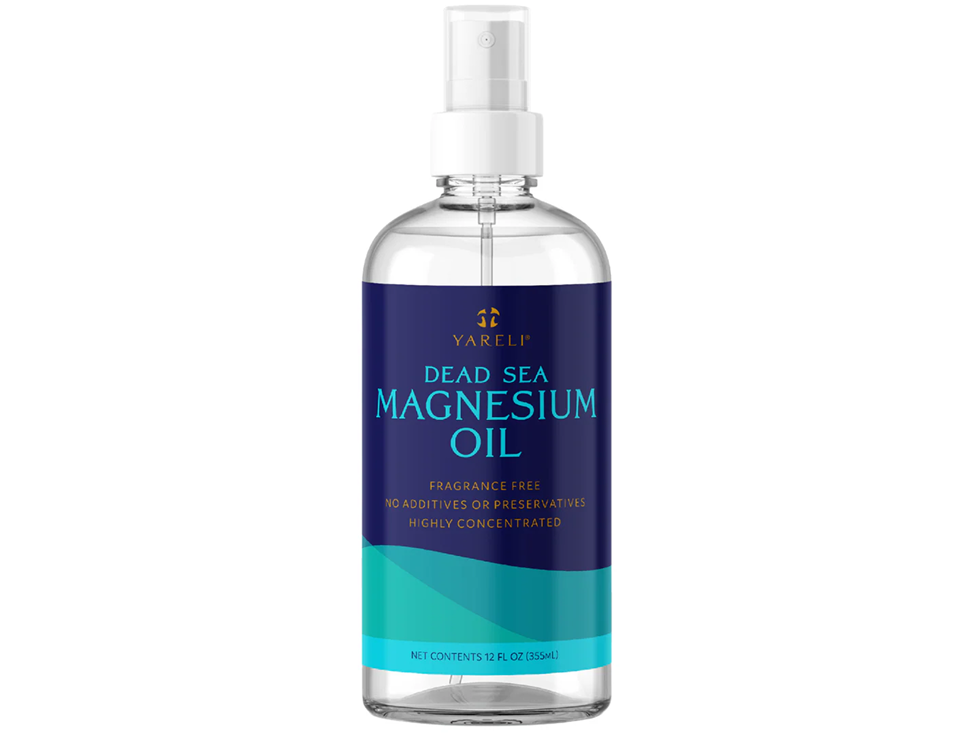 A bottle labeled 'Dead Sea Magnesium Oil' with a spray nozzle.