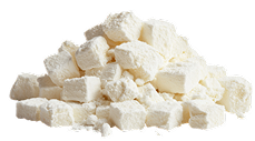 A pile of white, cubed powdery substance on a white background.