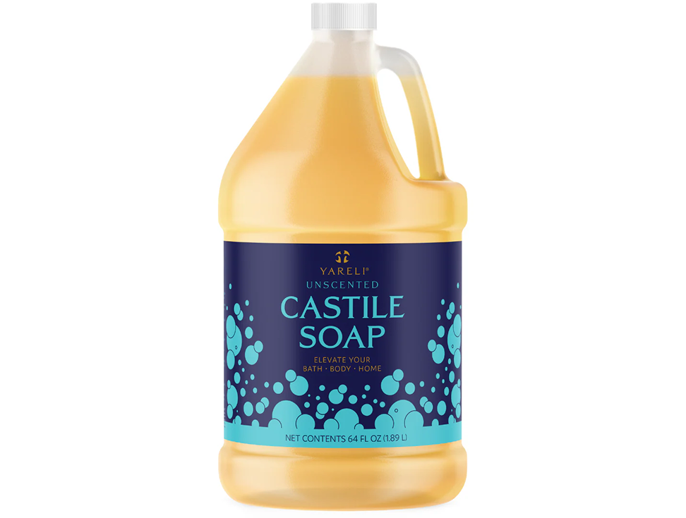 Large jug of unscented Castile soap with blue label and bubbles.