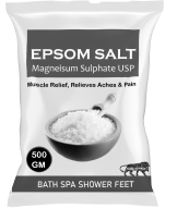 Package of Epsom Salt with bowl image, labeled for muscle relief and pain relief.