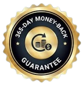 A gold and black seal that says '365-Day Money-Back Guarantee' with a coin icon.