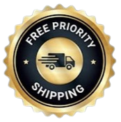 A gold and black seal with a truck icon that reads 'Free Priority Shipping'.