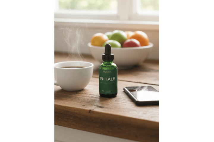 A green dropper bottle on a wooden counter with a steaming mug, a phone, and a bowl of fruit.