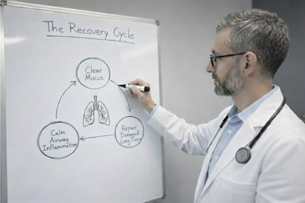 A doctor in a white coat draws a diagram about the lung recovery cycle on a whiteboard.
