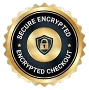 A gold and black seal with a padlock icon that reads 'Secure Encrypted Encrypted Checkout'.