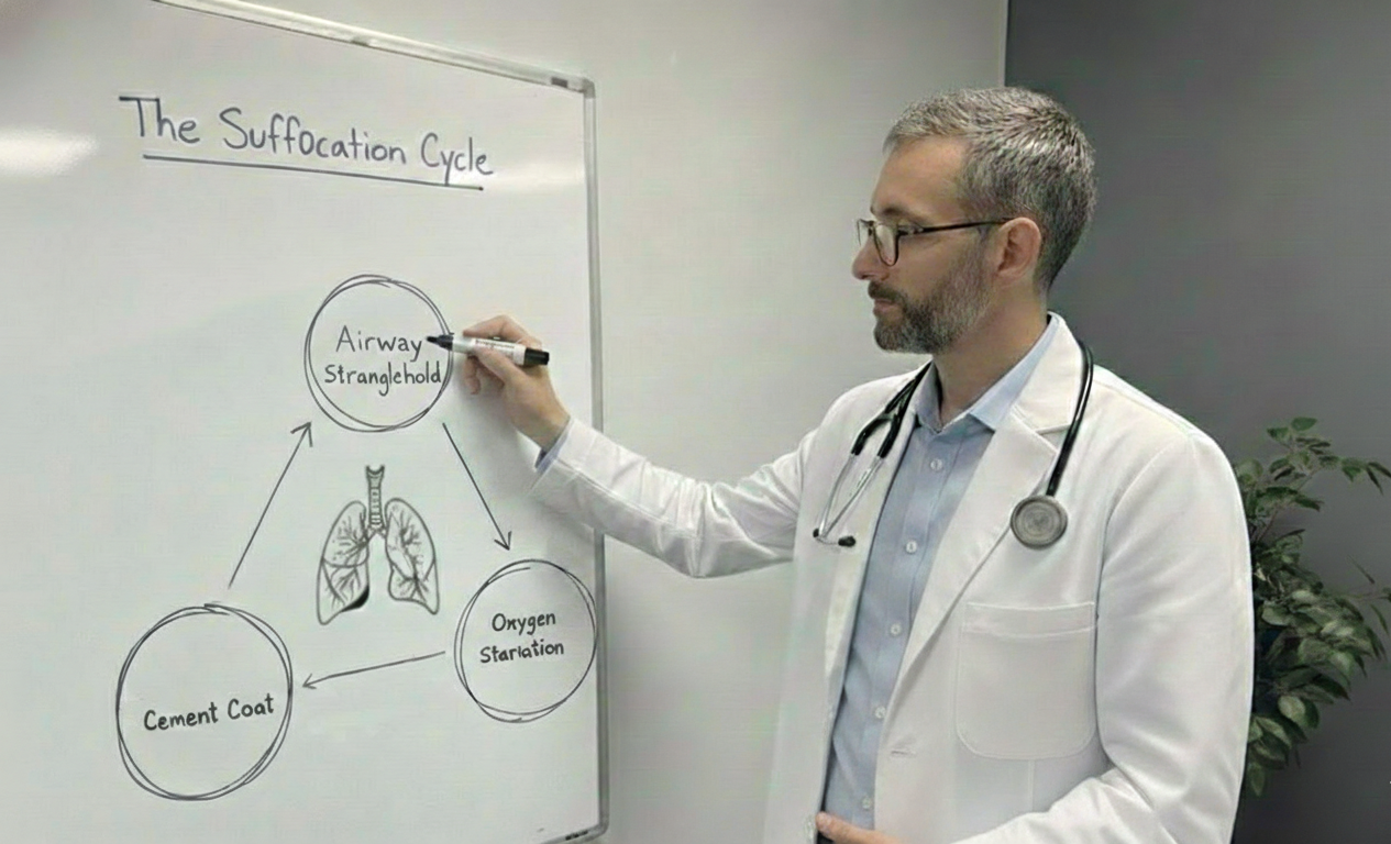 A doctor in a white coat and stethoscope draws a diagram titled 'The Suffucation Cycle' on a whiteboard.