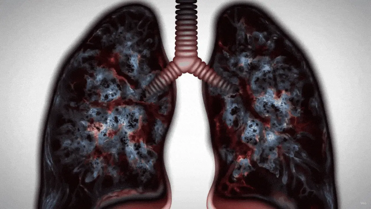 A medical illustration of unhealthy, blackened, and mottled human lungs connected to the trachea against a white background.