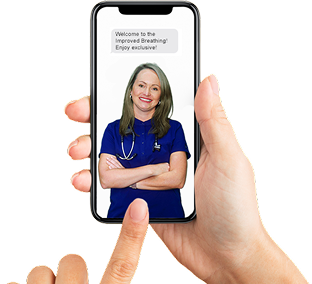 A hand holding a smartphone, displaying a photo of a woman in scrubs and a welcome text message.