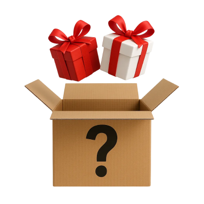 Two wrapped gifts floating out of an open cardboard box with a question mark on it.