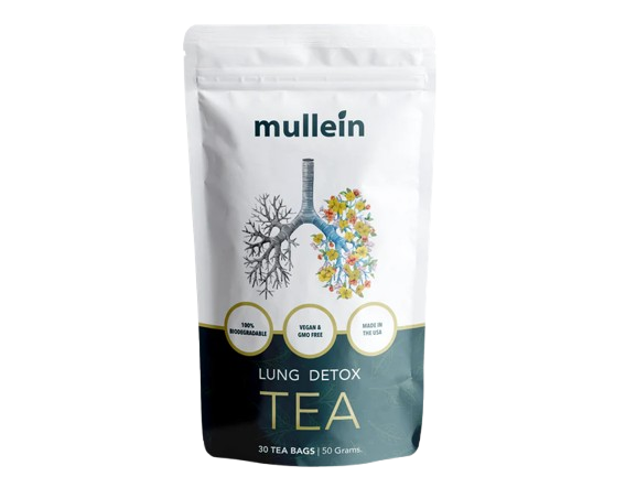 A white and dark green pouch of Mullein brand Lung Detox Tea against a black background.