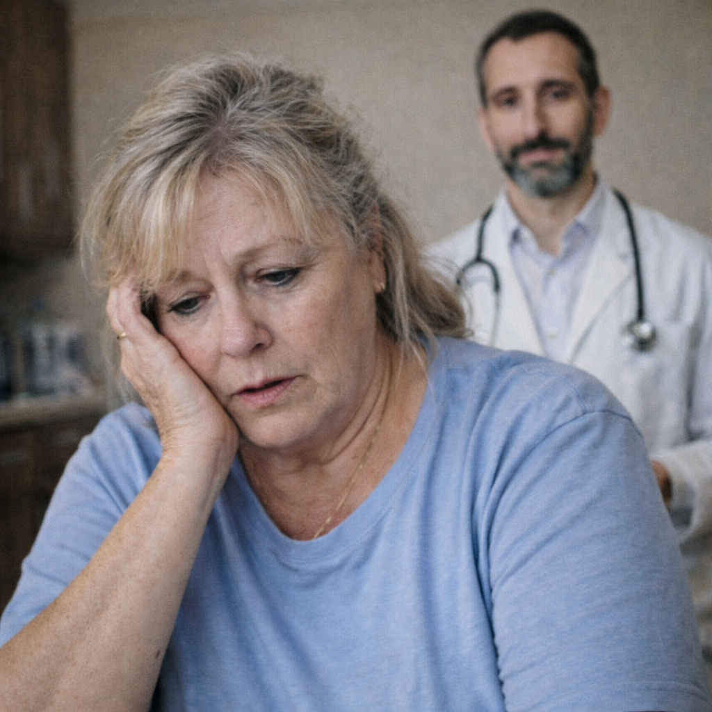 An elderly woman sits in a chair thinking about aging, with a doctor standing behind her holding a glowing orb.