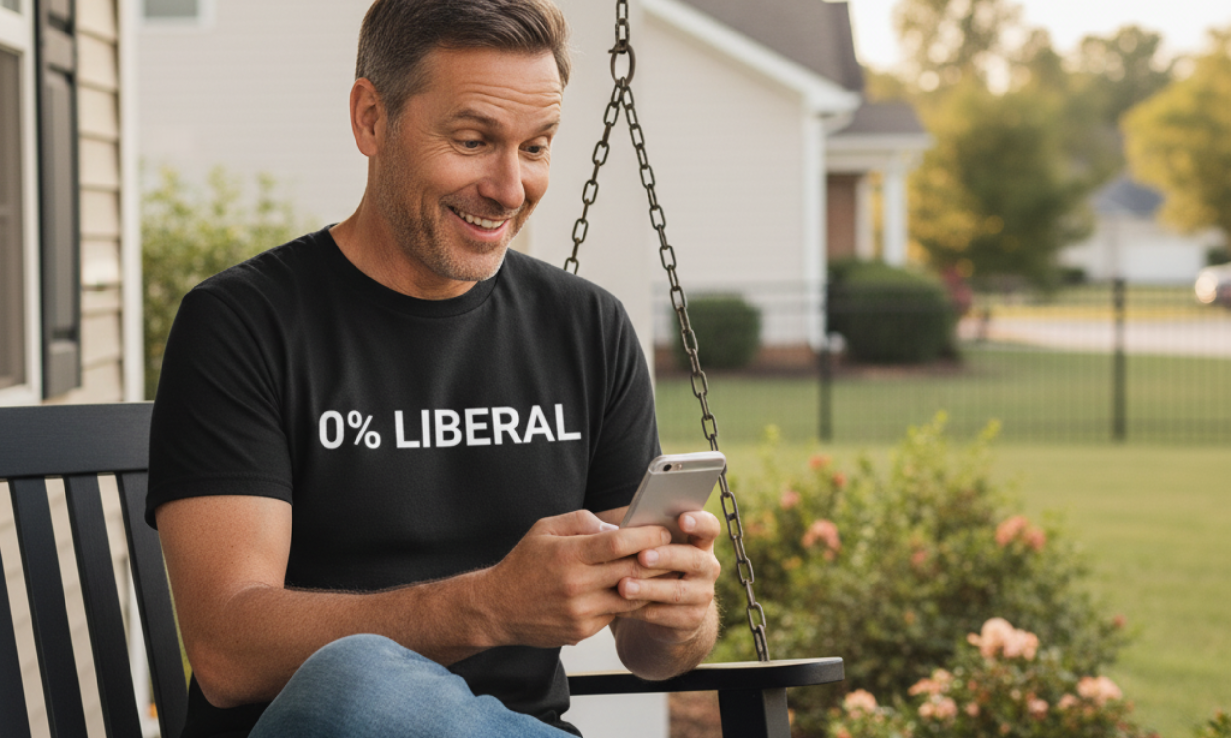 Person on a porch swing, smiling at phone, wearing '0% Liberal' shirt.