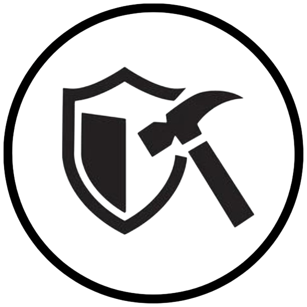 Black shield and hammer icon inside a circle.