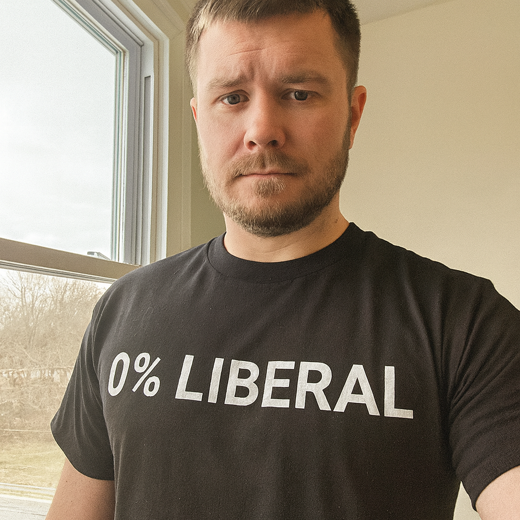 Man wearing a black shirt with '0% LIBERAL' text.
