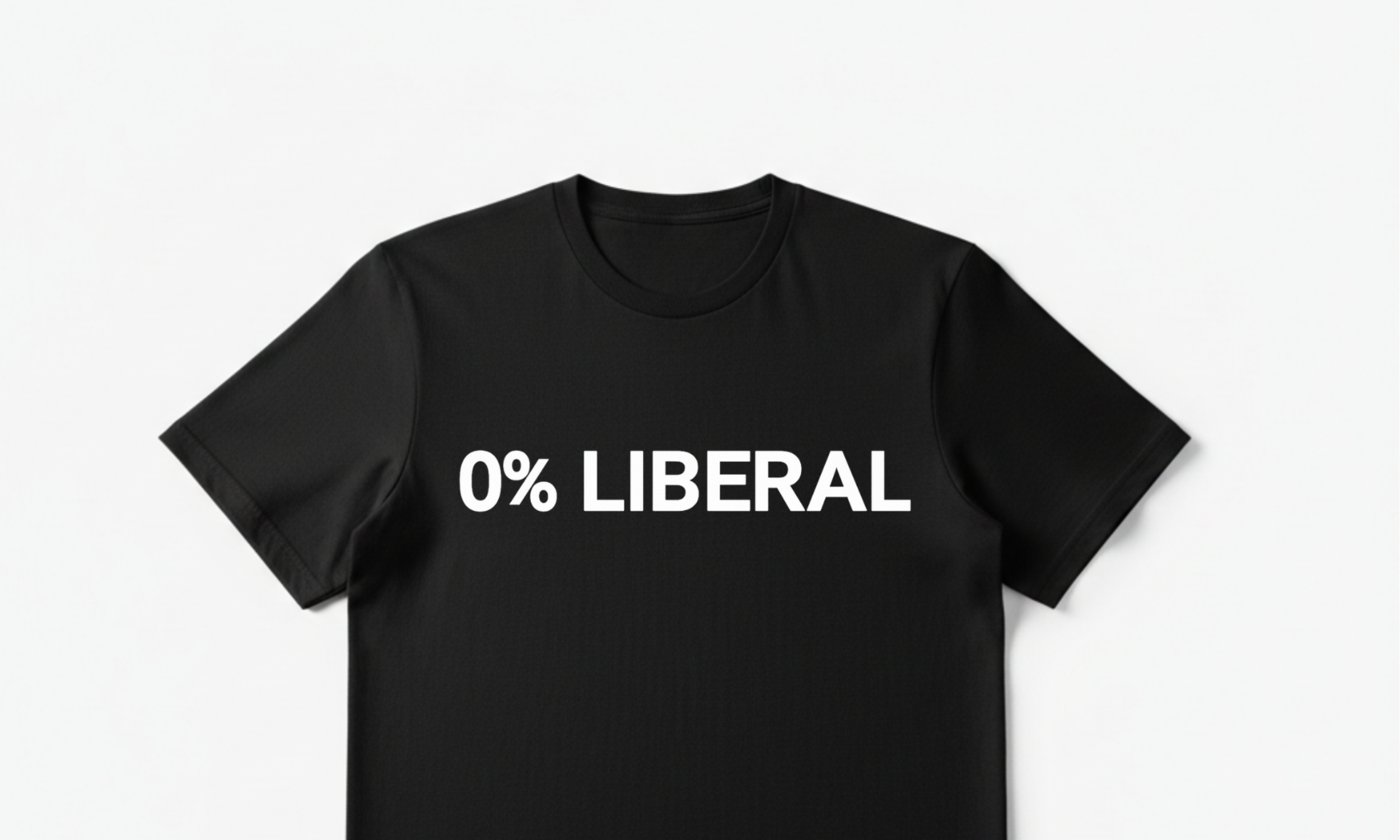 Black t-shirt with '0% LIBERAL' text in white.