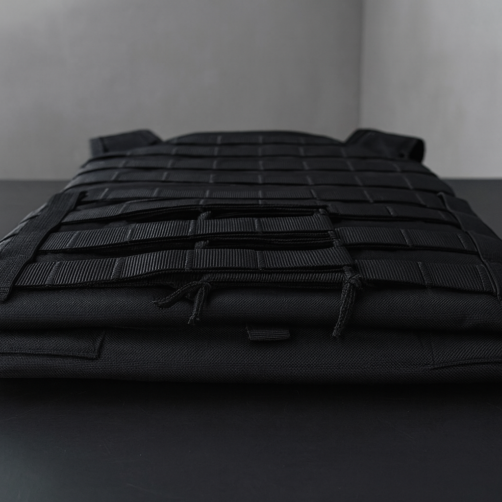 Black tactical vest lying on a dark surface.