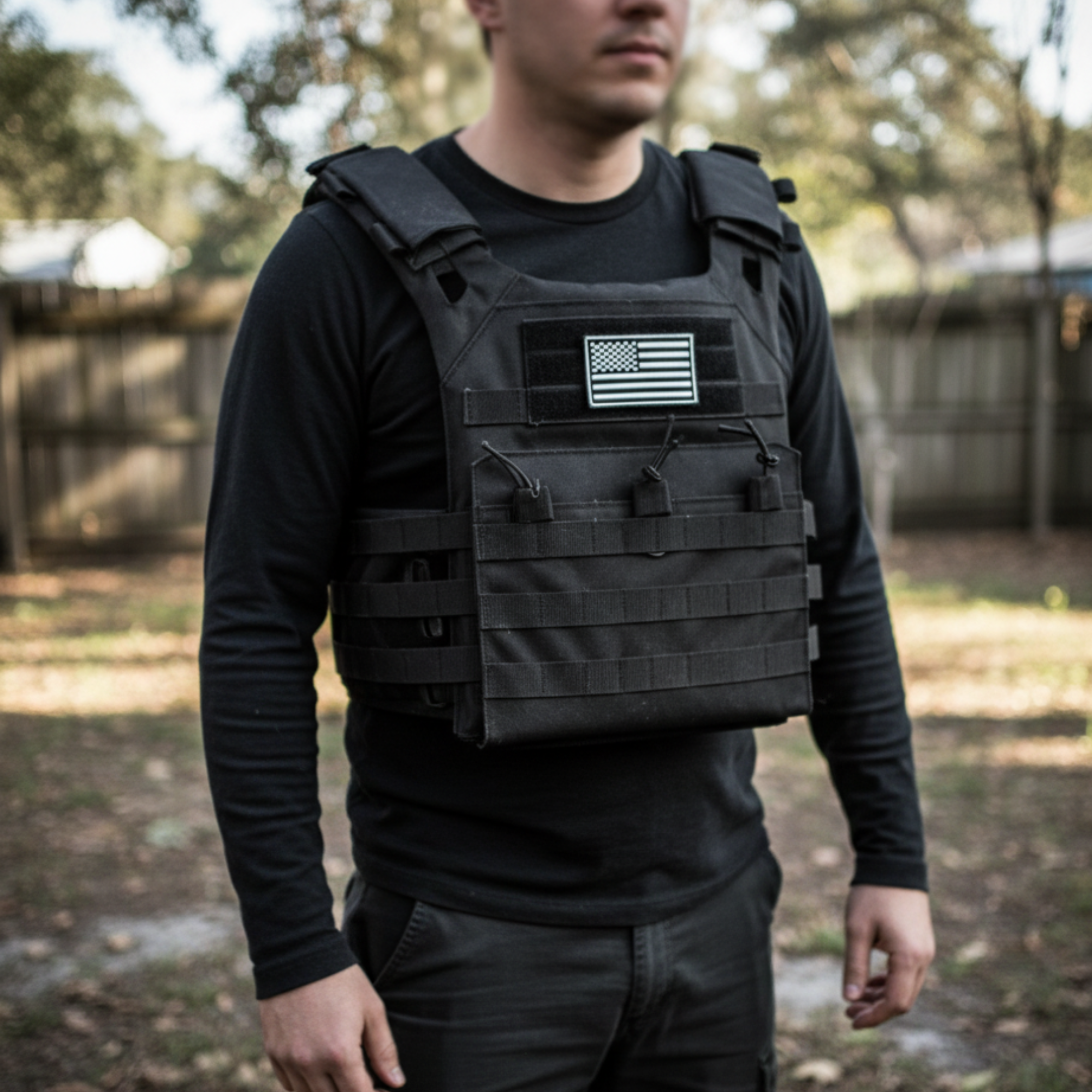 Person wearing a black tactical vest with a flag patch.