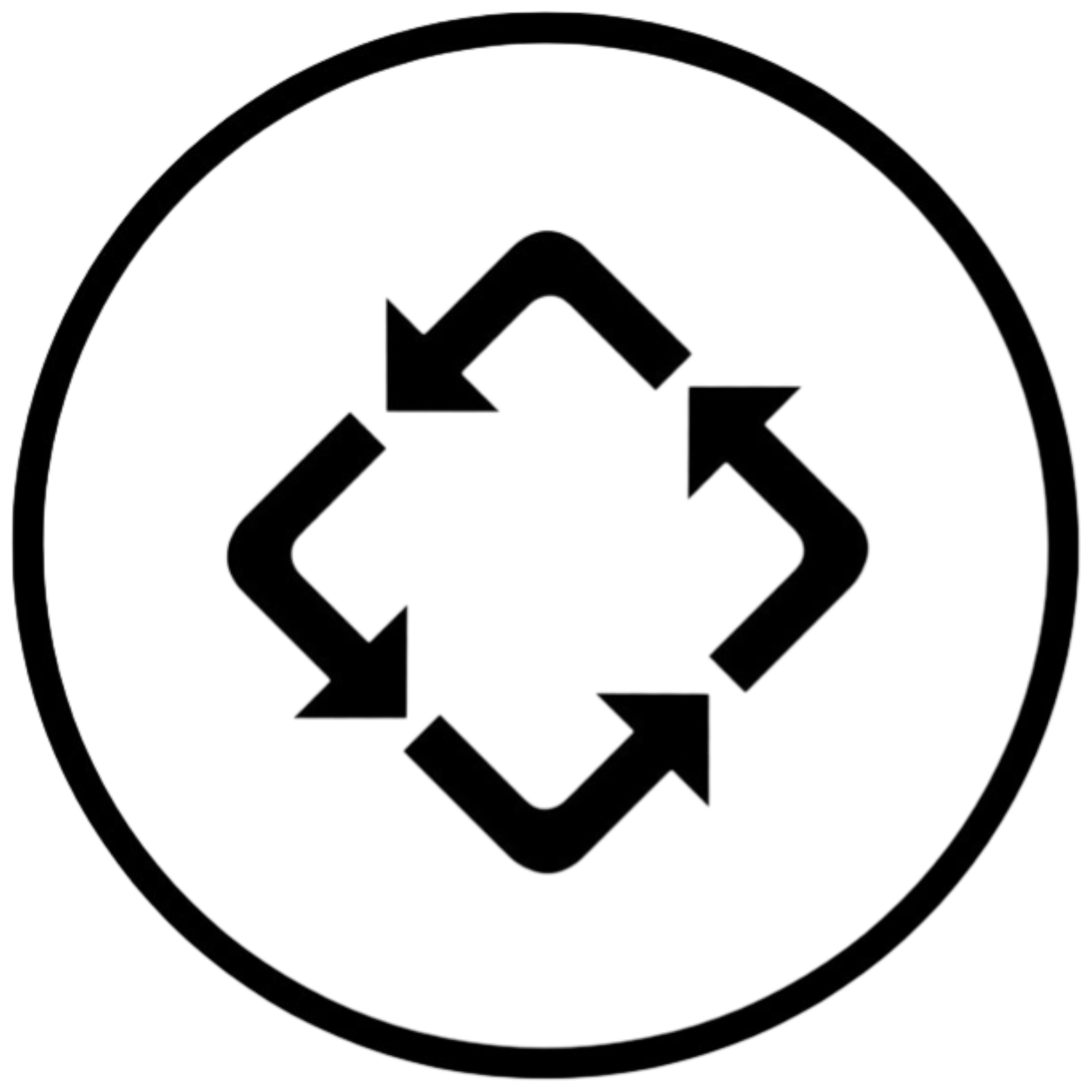 Black circular design with four white arrows forming a cross.