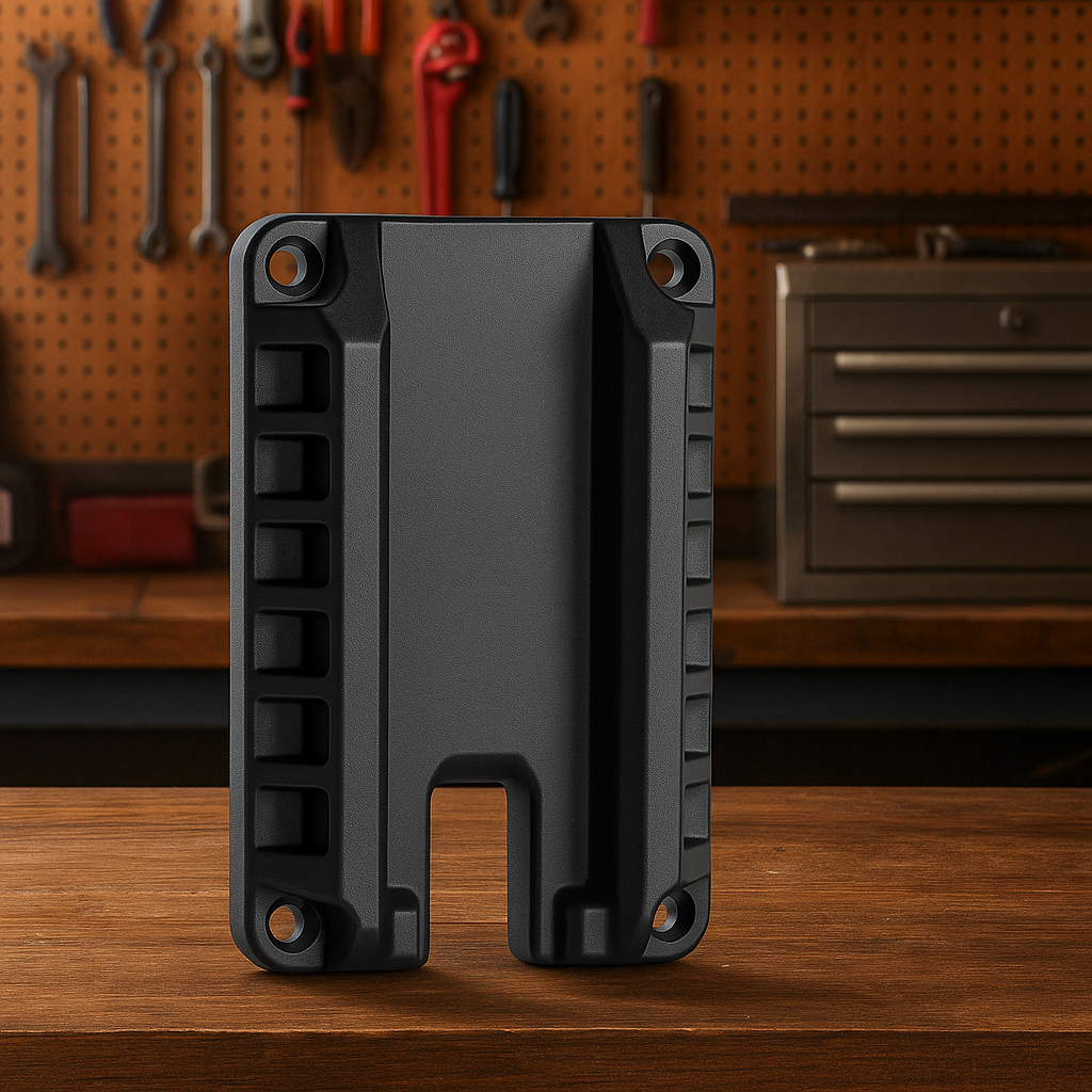 Black tool holder on a wooden workbench with tools in the background.