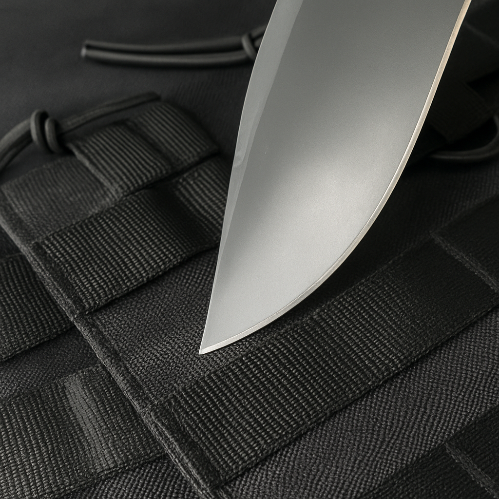 Close-up of a knife blade resting on black tactical gear.