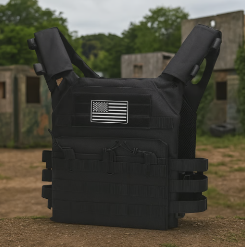 Black tactical vest with external pouches, featuring a black and white American flag patch.
