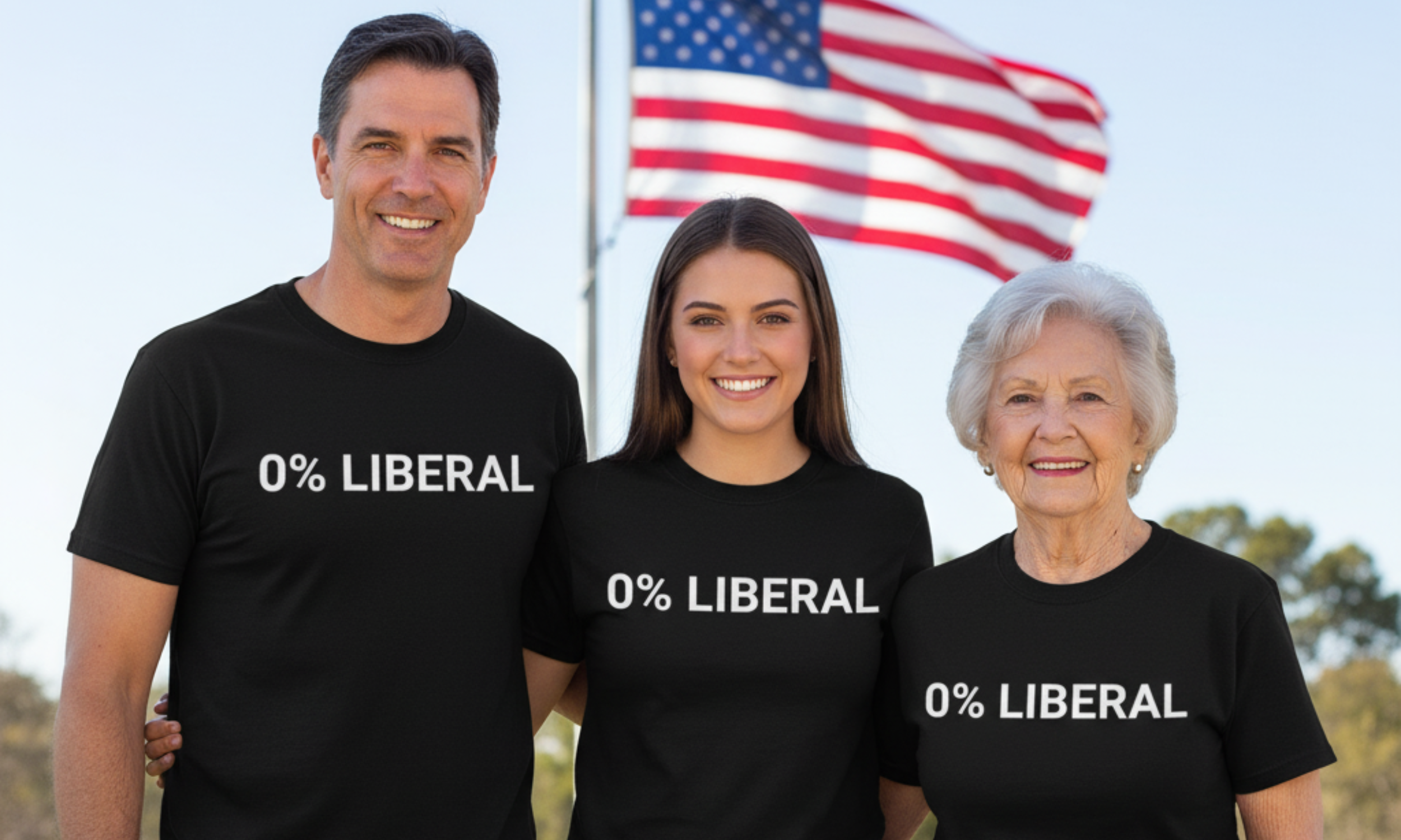 Three people in black shirts with '0% LIBERAL' text, standing before an American flag.