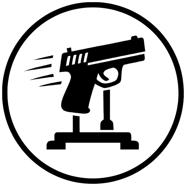 Silhouette of a gun on a stand inside a circle.