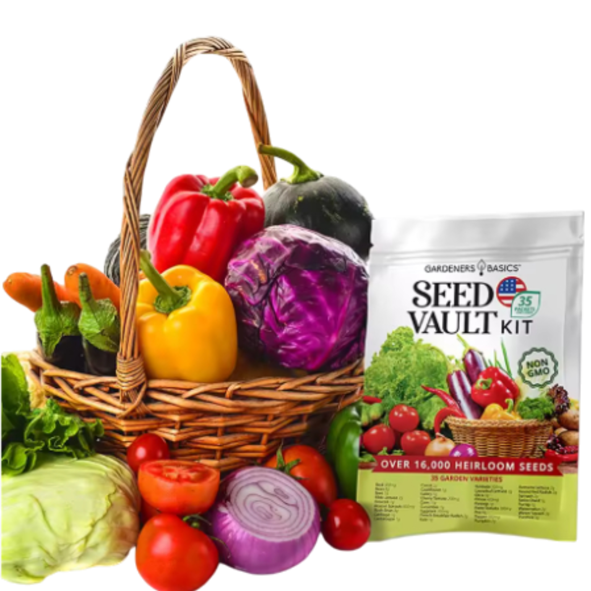 A basket of assorted vegetables next to a Seed Vault Kit package.