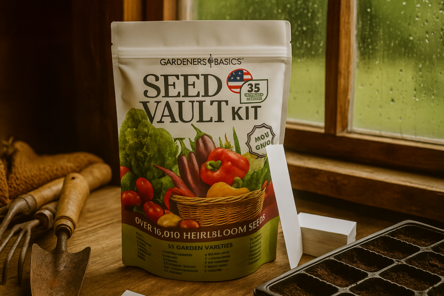 Seed Vault Kit on a wooden table with gardening tools.