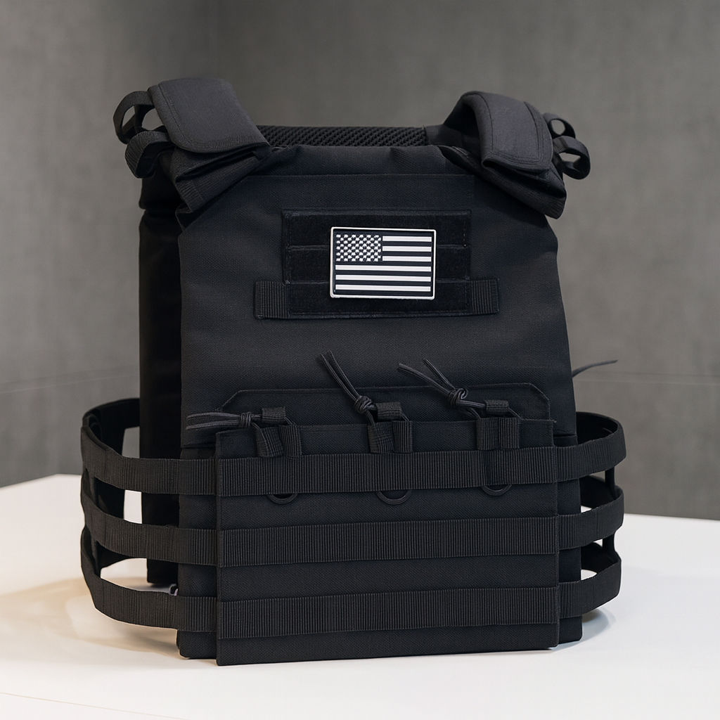 Black tactical vest with American flag patch on a white surface.