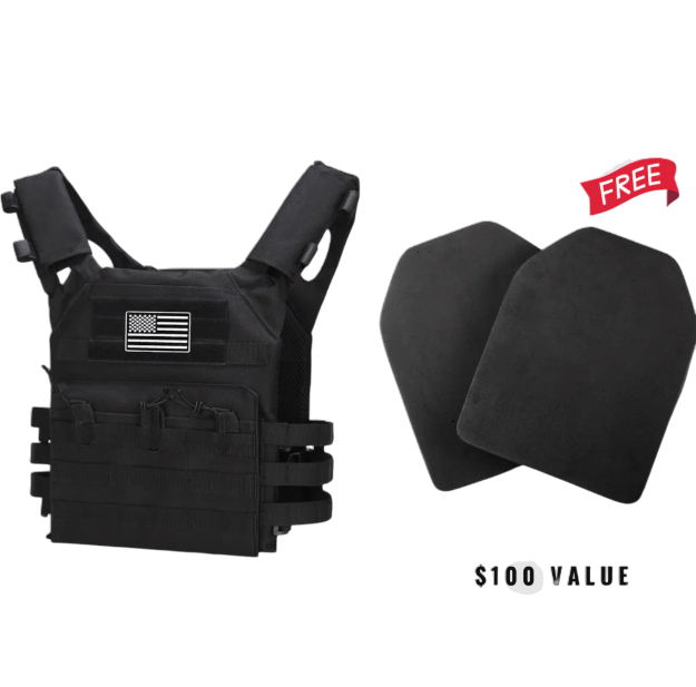 Black tactical vest with patches and two black plates, labeled as free and $100 value.