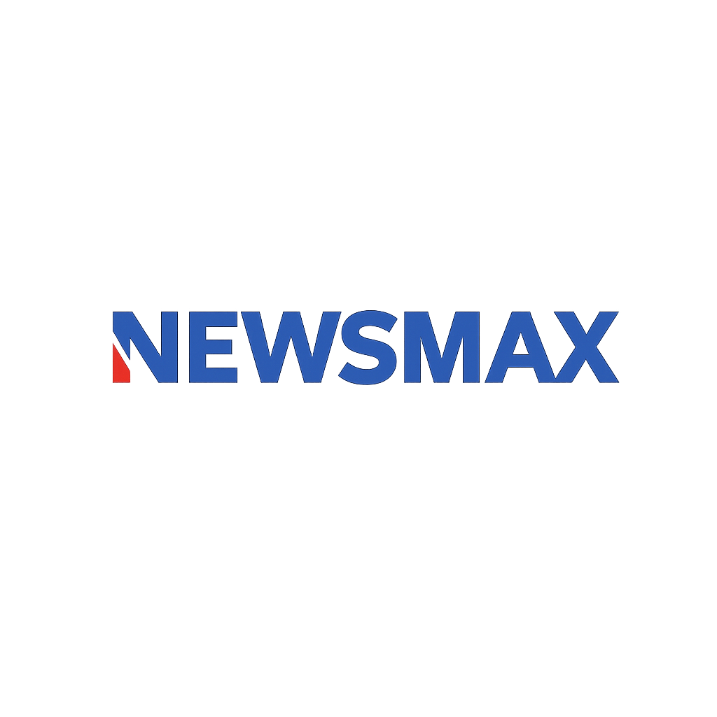 Blue text 'NEWSMAX' with a red triangle on a gray background.