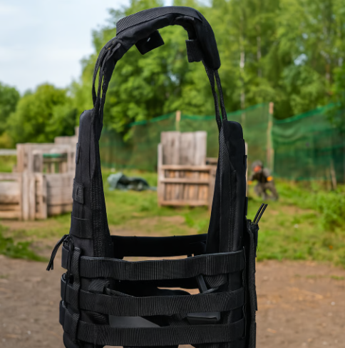 Black tactical vest on a stand in an outdoor setting with greenery and wooden barriers.