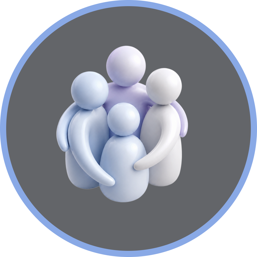 A stylized 3D rendering of four abstract figures representing a family hugging in a circle.
