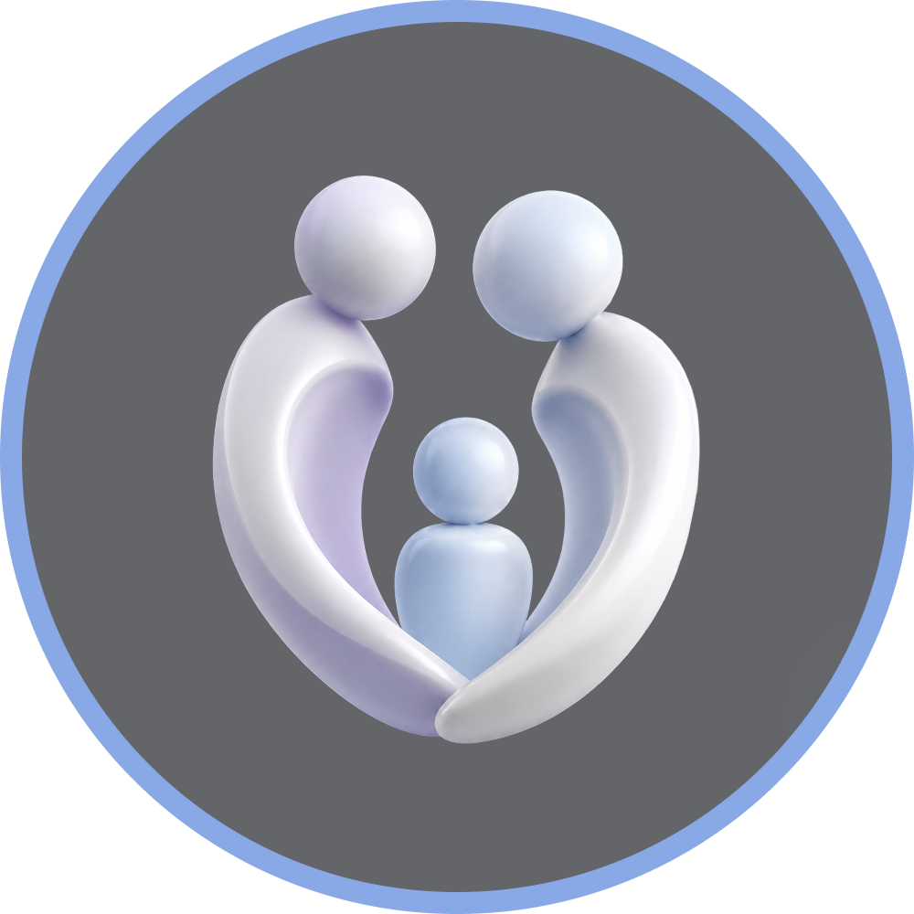 A stylized 3D icon of two parent figures embracing a child figure within a circle.