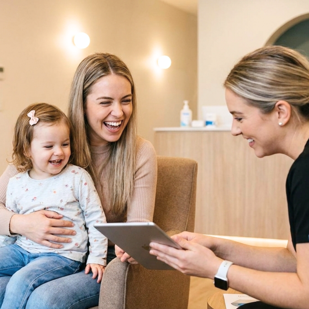 A staff member shows a tablet to a mother holding her young, laughing daughter in an office.