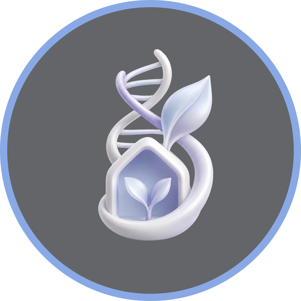 A stylized icon showing a DNA helix and a small plant inside a house-shaped structure.
