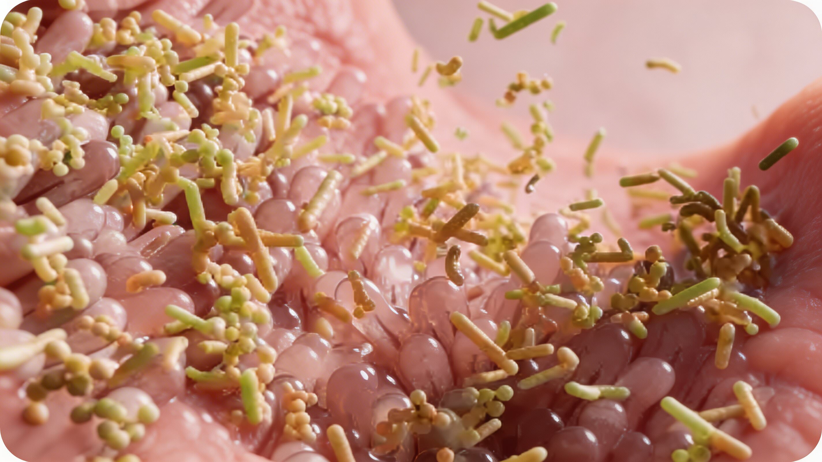 A microscopic rendering of various bacteria on the pink, villous surface of the intestinal lining.