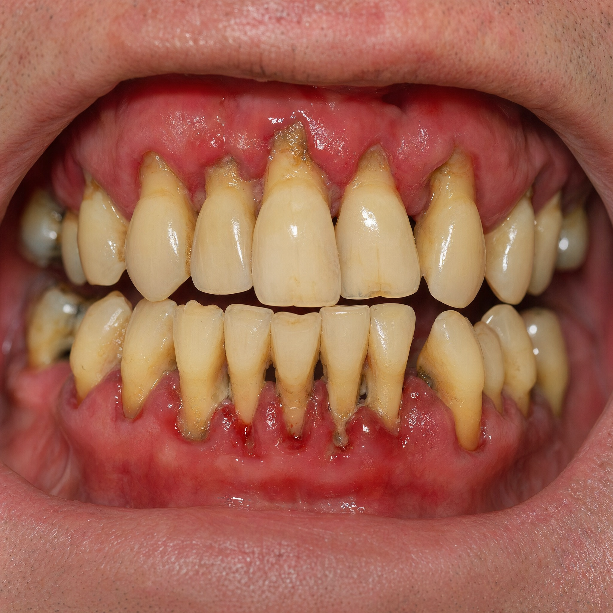 A close-up of a mouth with severe gum disease, showing inflamed gums, plaque, and tartar buildup.