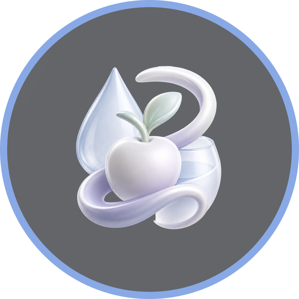 A circular icon with a stylized apple, water droplet, and a glass of water.