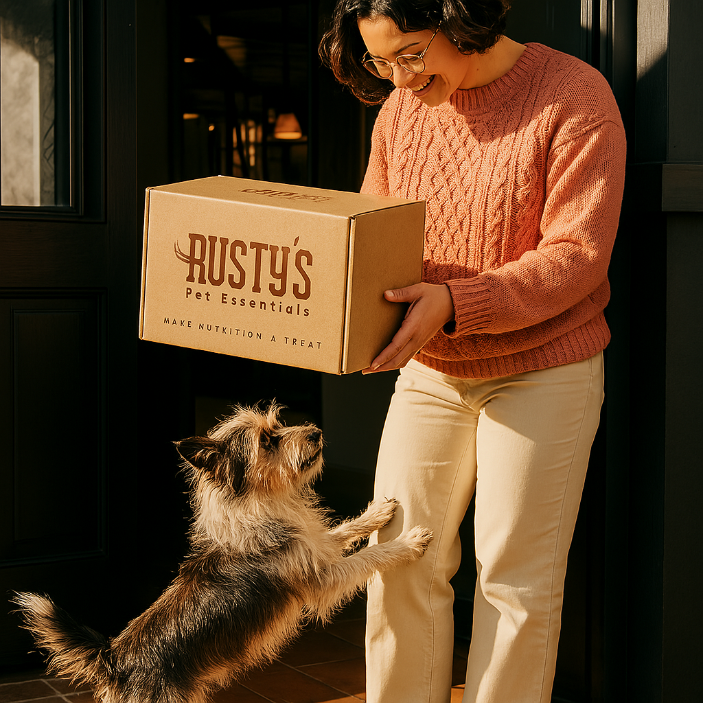 Person holding a box labeled 'Rusty's Pet Essentials' with a small dog jumping up.