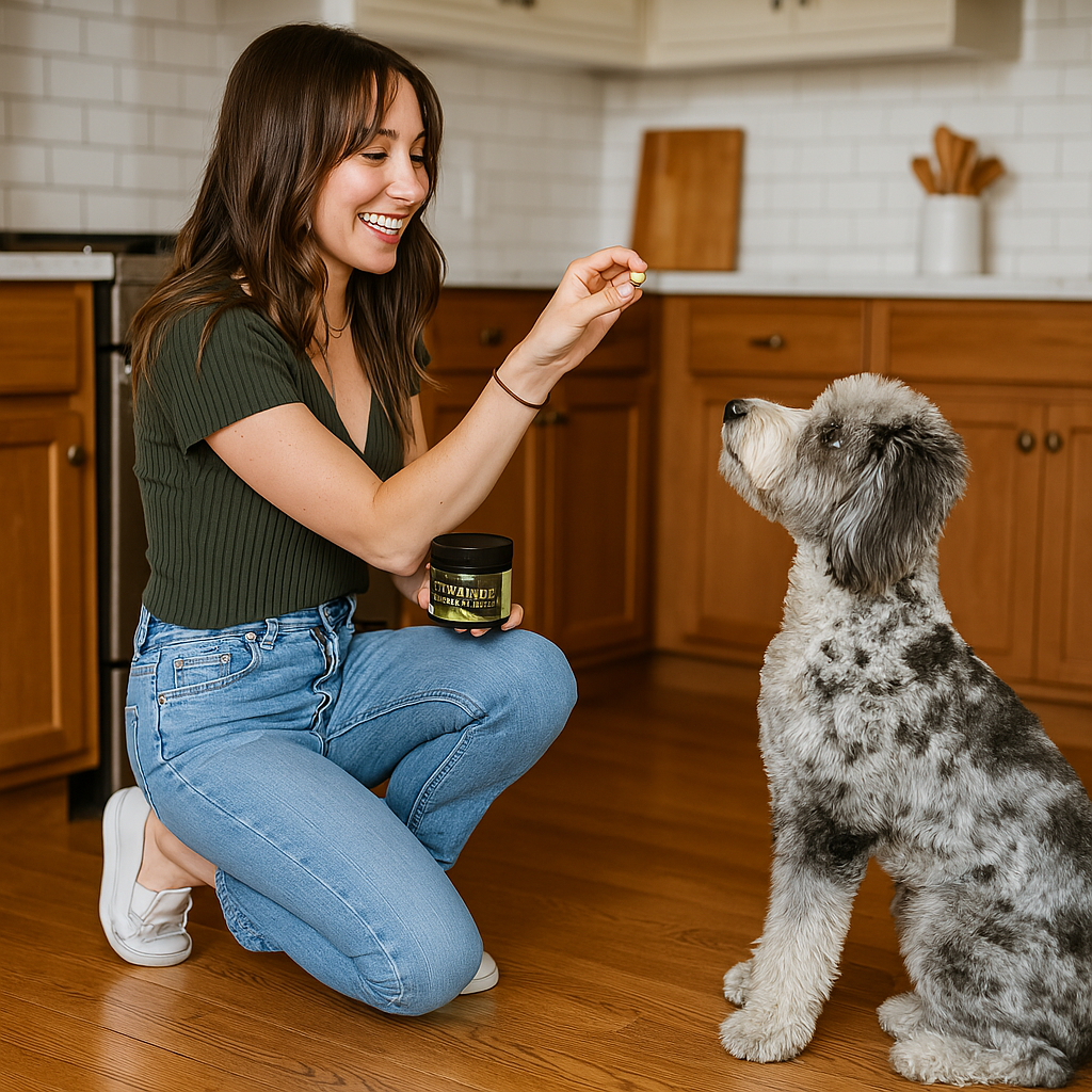 Woman kneeling in kitchen, holding treat for sitting dog.